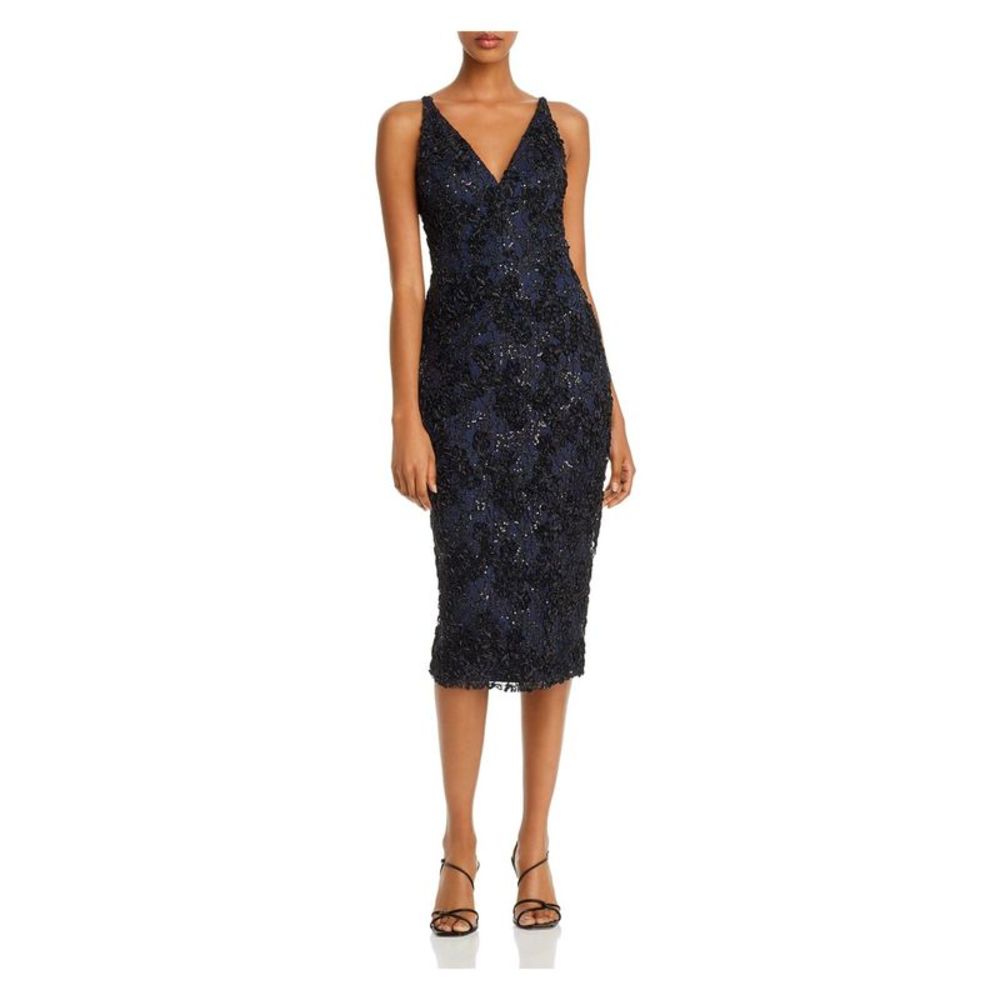 AQUA DRESSES Womens Navy Sleeveless V Neck Midi Evening Body Con Dress 0
